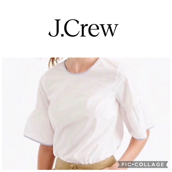 JCrew Tipped Button-Back Bell Sleeve White Cotton Top with blue trim - Picture 3 of 13